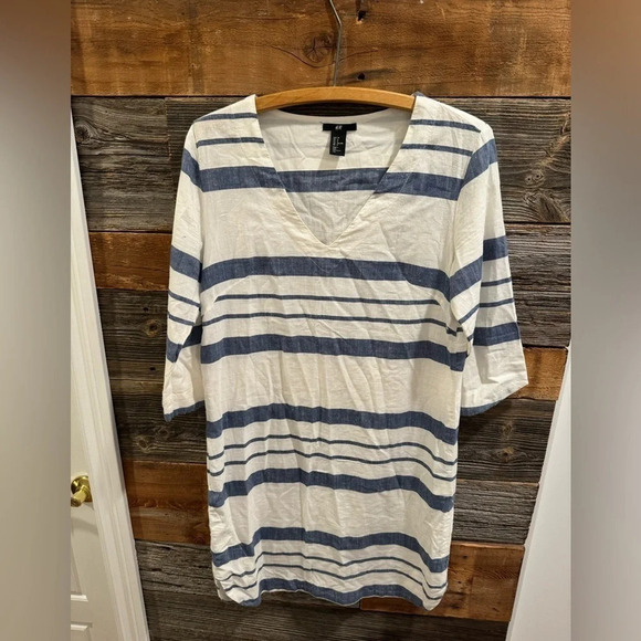 H and M cotton striped short dress  tunic vneck blue white airy 3/4 sleeve US8 - Picture 2 of 5